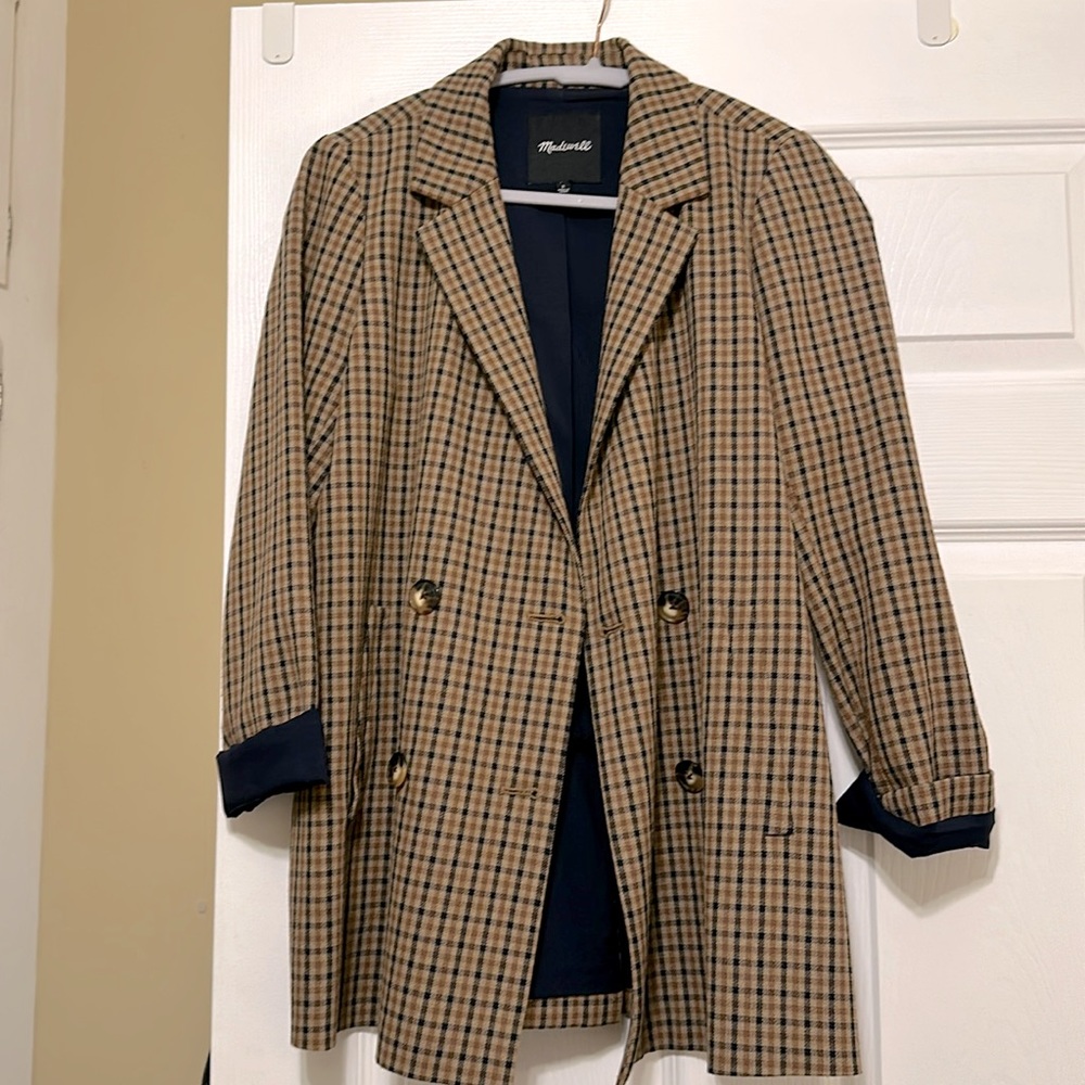 Madewell Tan and Navy Plaid Double-Breasted Blazer